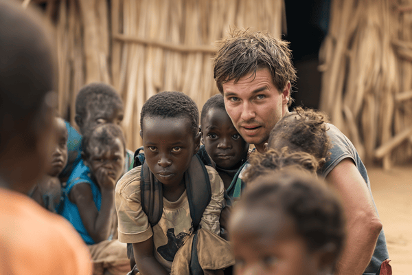 Ein europäisch aussehender Mann mit afrikanischen Kindern